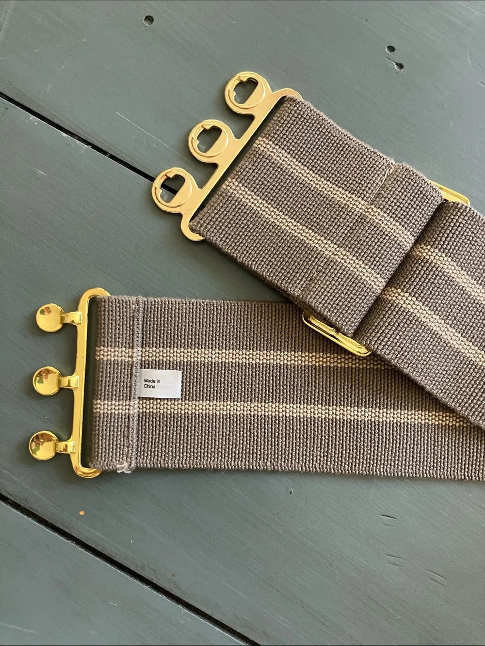 H&M Y2K Style Wide Brown Striped Stretch Elastic Belt Interlocking “Gold” Buckle